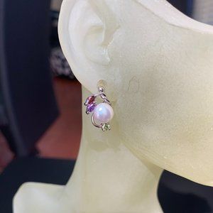 NWOT Solid Silver & Pearl with Gems Stud Earrings on Post